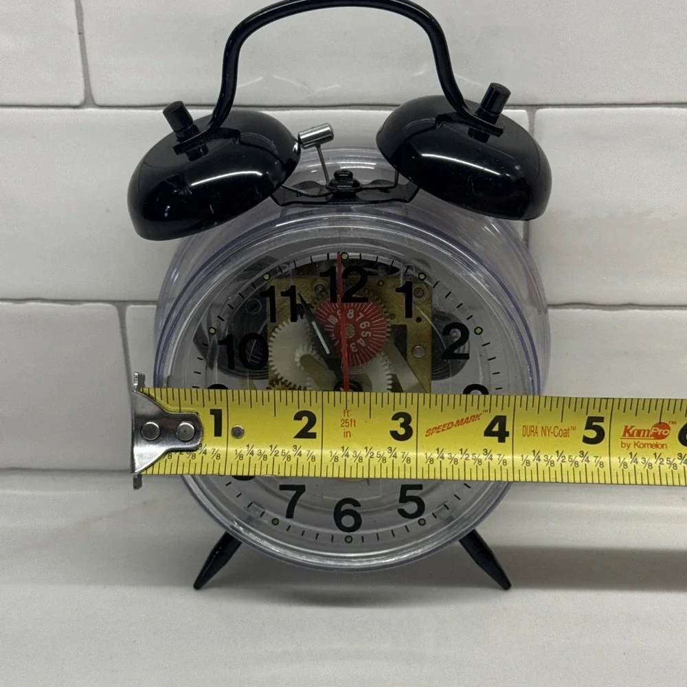 Vintage Wind Up Skeleton Alarm Clock Clear Acrylic Case Twin Bell Mechanical HTF